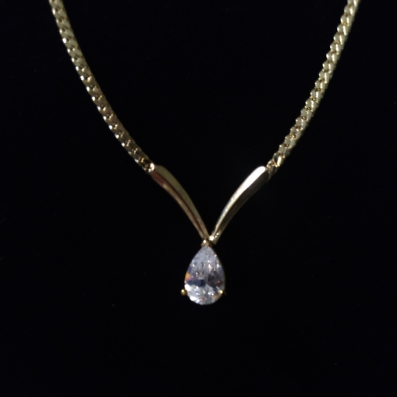 Jewelry - Gold Coloured Necklace, Wheat Pattern Chain with Cubic Zirconia Stone, 1…